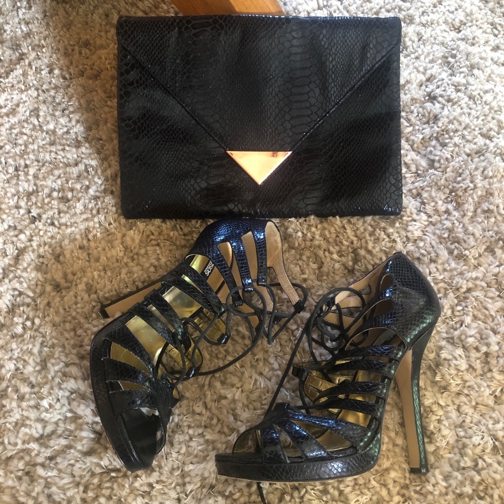 ASOS black reptile high heels & Lancome clatch